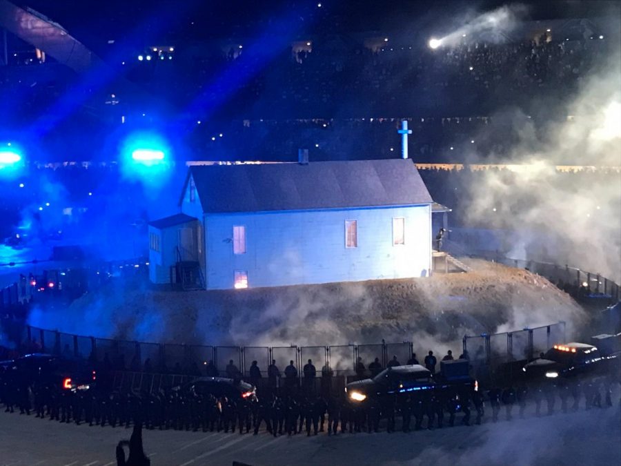 A replica of West’s childhood home stands at the center of Soldier Field for the “DONDA”  listening party. 