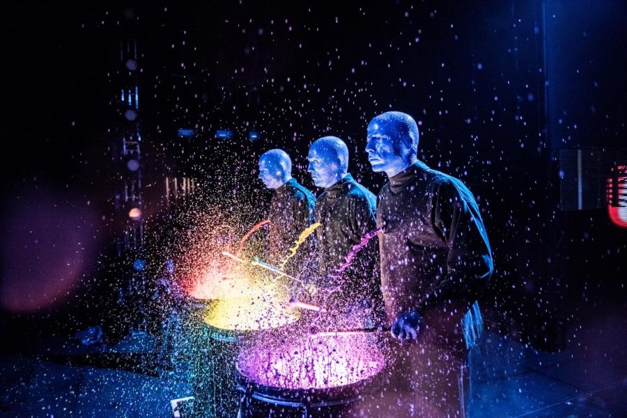 The Blue Man Group perform their signature paint drumming at the Briar Street Theater, 3133 N. Halsted St. Courtesy of Blue Man Group.