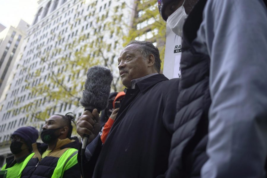Civil rights activist Rev. Jesse Jackson Sr. speaks to a crowd of protesters gathered in response to the Kyle Rittenhouse verdict in Federal Plaza Saturday, Nov. 20. 