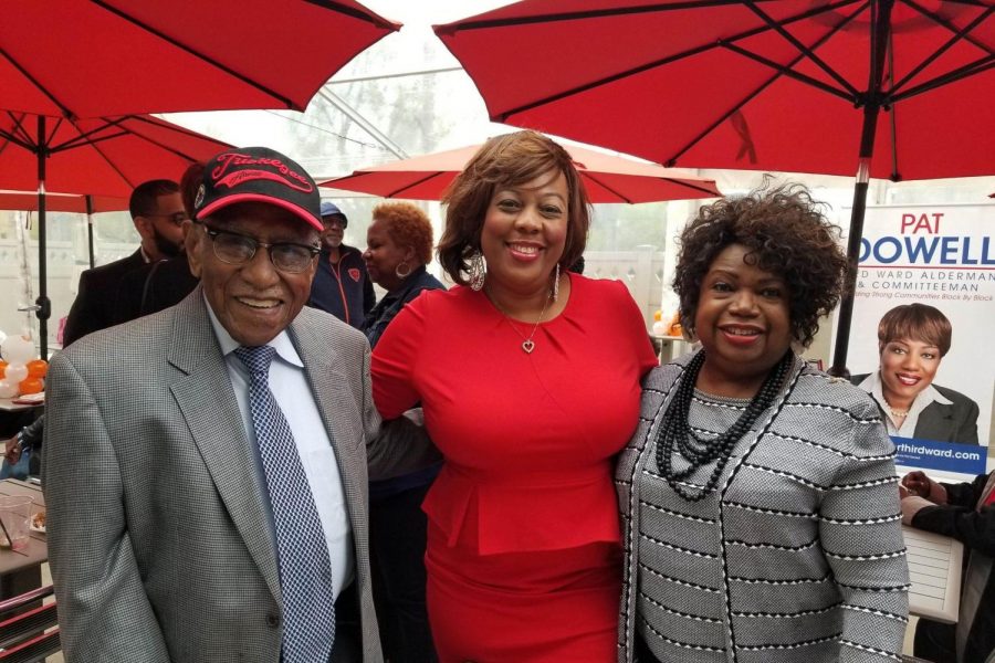 (From left to right) Timuel Black, Associate Professor of Instruction Shanita Baraka Akintonde and Zenobia Johnson-Black, Timuel Black's wife, pose for a photo. Courtesy of Shanita Baraka Akintonde.