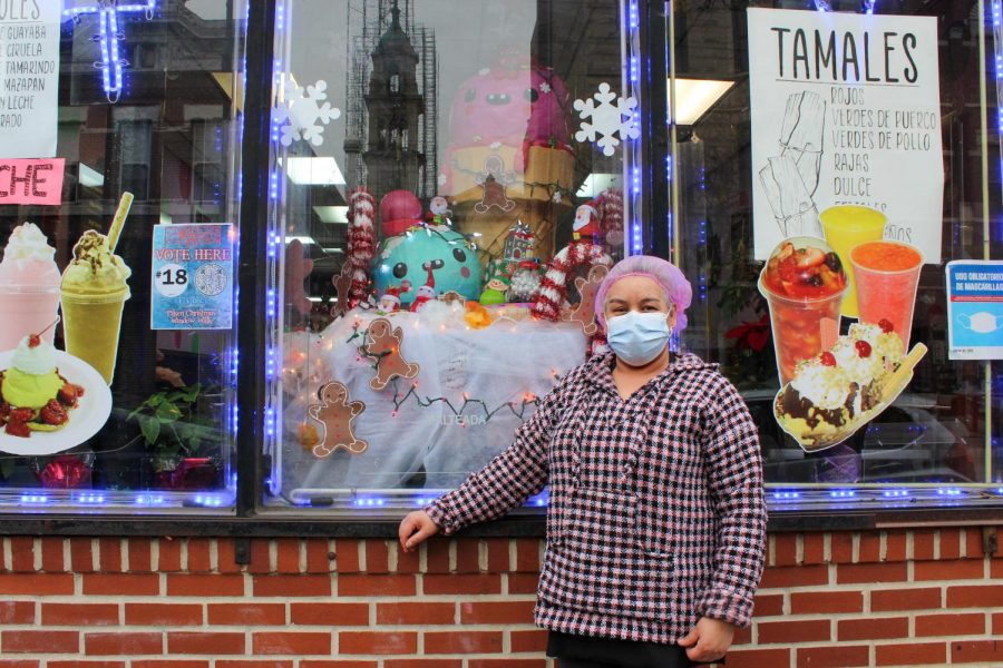 Juana Arreguín, owner of Nevería El Sabor de México on 18th Street in Pilsen (pictured), worked with artist Tatiana Garcia for their submission to the Pilsen Christmas Window Walk. 