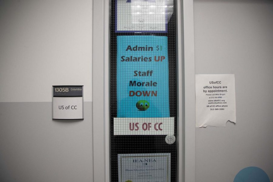 A sign outside the United Staff of Columbia College’s office at 600 S. Michigan Ave. calls for a salary increase for staff members.