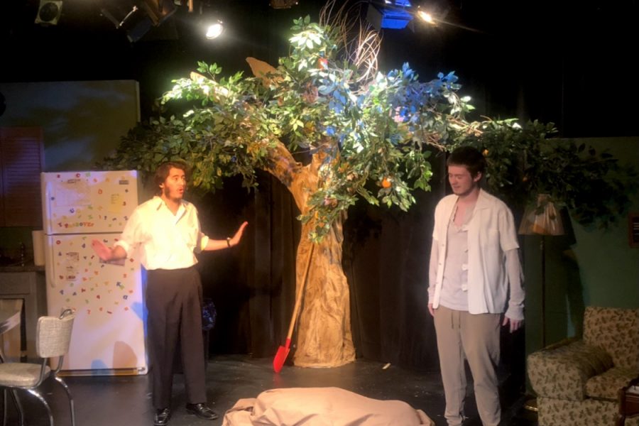 Aaron Ortega (left) and Giovanni Mayfield-Wubbena (right) discuss retirement and low turnout at synagogue in the opening scene of Beneath the Orange Tree.