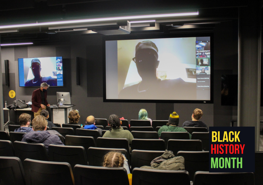 Ted Hardin, an associate professor in the Cinema and Television Arts Department who has visited and met Moussa Sene Absa (featured on screen) previously, has a fond conversation with the audience as during the Q&A session. 