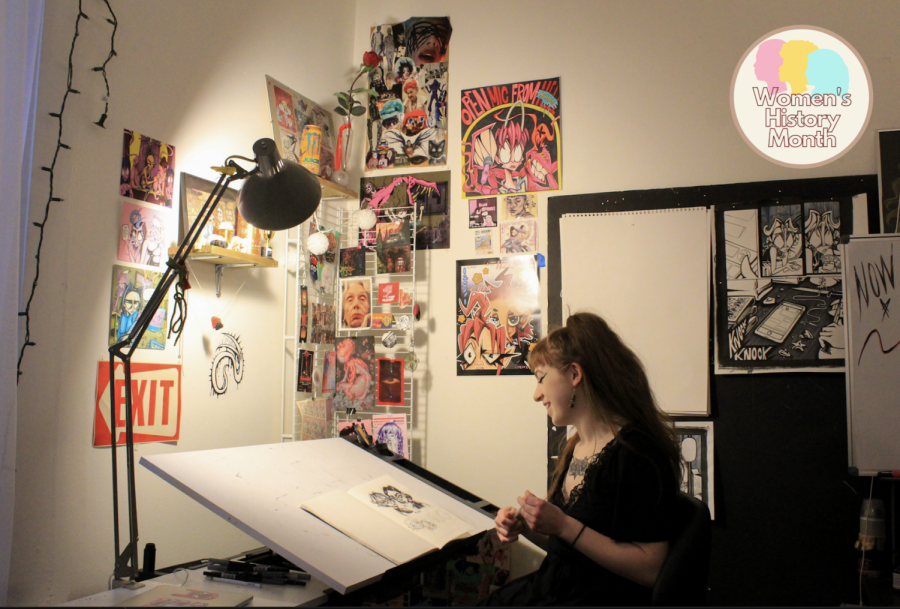 Surrounded by her artwork and that of other Chicago artists, the corner of Hink Stink’s bedroom also serves as her studio, decorated with even more local artwork and posters similar to her artistic aesthetic. 