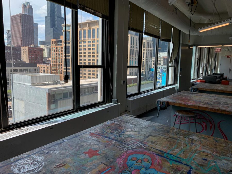 The variety of supplies and work space in the Open Studio in Room 809 of 623 S. Wabash Ave. overlook the heart of the city.