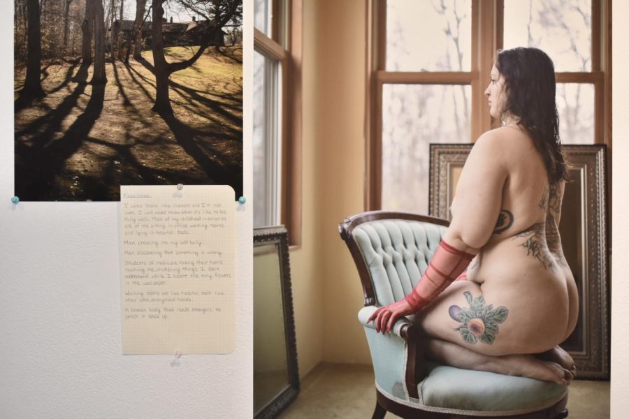 Katina Donoghue poses nude in a seated position on her calves for McKeehen exhibition REVEAL, photographed Jan. 30, at Columbias Arcade Building. McKeehens photographs include a note titled Repairmen, which includes insight of a chronic sickness she endured throughout her childhood.