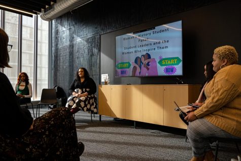 Quonyel Yelsz (left) and Charee Mosby-Holloway (middle) discuss womens history with panel moderators Ija Wright (middle-right) and Chloe Nailor (right) in the Student Center located at 754 S. Wabash Ave., on Wednesday, March 15, 2023. Experiences women face in the workplace, school, and navigating through life in general were main talking points during the panel.