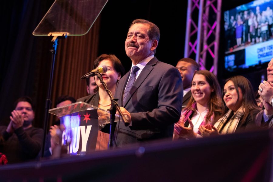 Chuy Garcia, mayoral candidate, takes in the crowd of supporters that came to his election night party at Apollo’s 2000 located at 2875 W. Cermak Rd. on Feb 28. Garcias speech touches upon continuing to support the working people of Chicago.