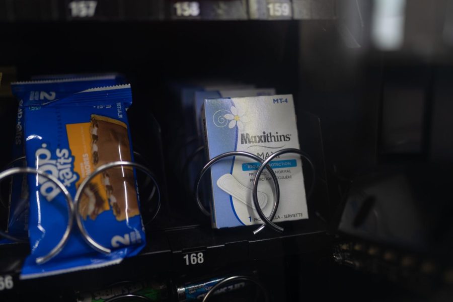 Pads and tampons are among the many options offered for purchase from the vending machine on the eighth floor of Columbia’s 600 S. Michigan Ave. building on March 13, 2023. There are many spaces on campus that offer menstrual products for students around multiple buildings on campus.