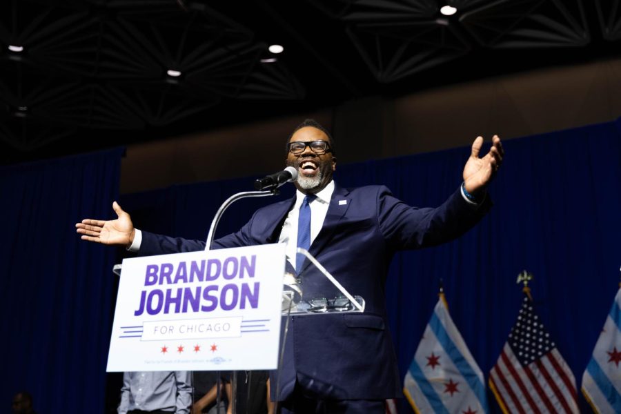 Mayoral candidate Brandon Johnson welcomes a lively, cheering crowd during his victory speech after the announcement of his win over Paul Vallas at the Marriott Marquis Chicago located at 2121 S. Prairie Ave. on Tuesday, April 4, 2023.