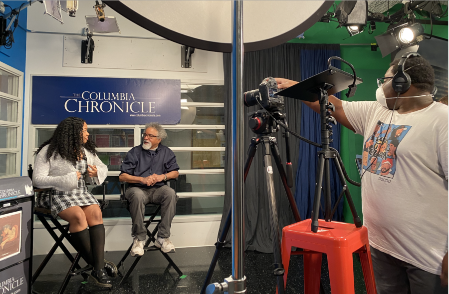 Former Faculty Advisor to the Columbia Chronicle and former Associate Professor Curtis Lawrence talks with Opinions Editor Justice Lewis on the set of Media Hub Minute, on Friday, April 28, 2023. 