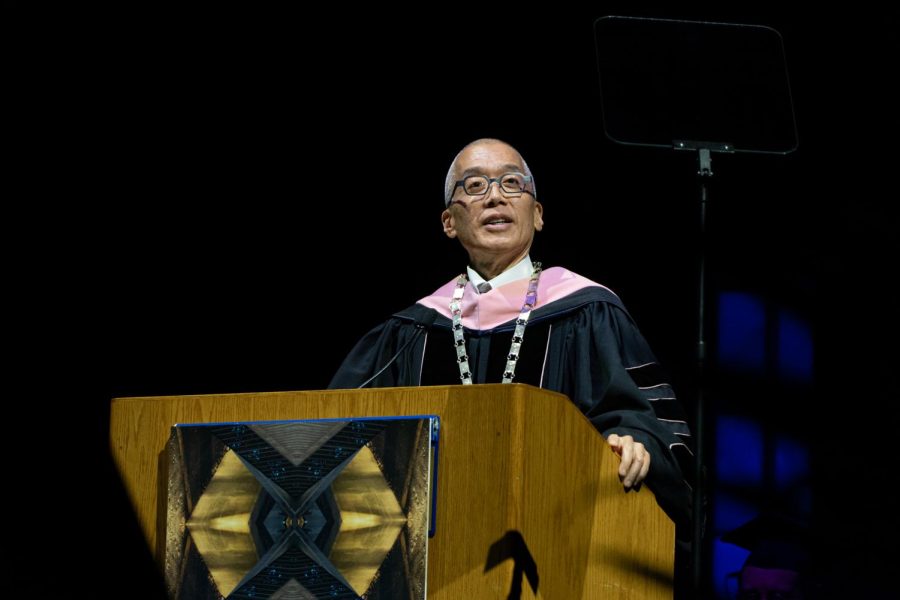 Columbia College President and CEO Kwang-Wu Kim delivers a commencement address at the Arie Crown Theater on Sunday, May 14, 2023.