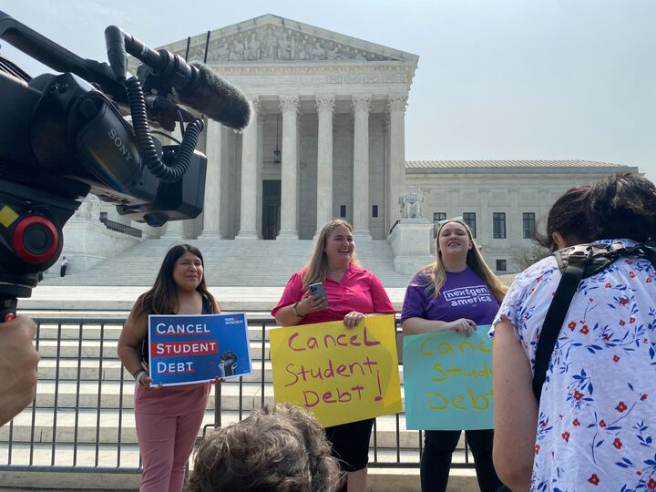 Students gather outside the US Supreme Court building in Washington, D.C., in support of President Biden's student loan forgiveness plan on June 30, 2023. The Supreme Court struck down the plan in a 6-3 decision.