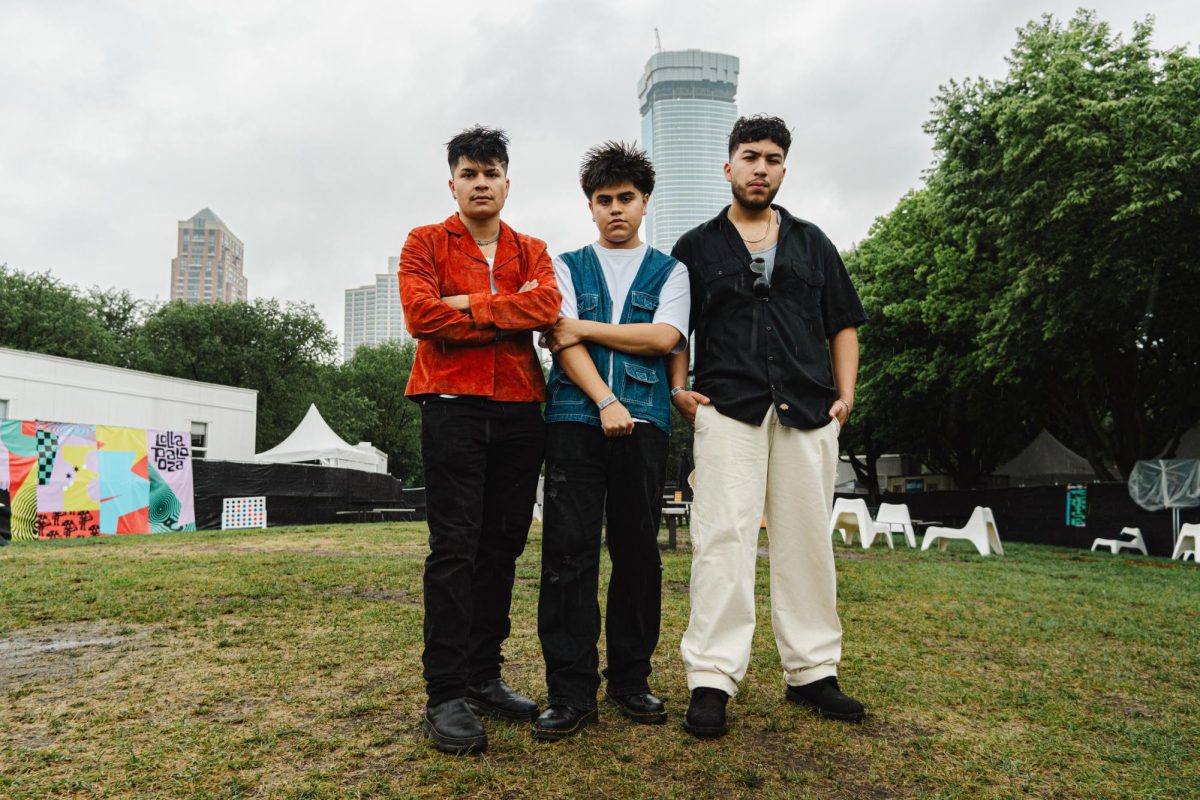 Daniel Vaides, Juan Ortega, and Jony Rivera Lopez of Los Aptos in the press lounge after their set at Lollapalooza on Saturday, Aug 5, 2023. The trio is known for their Mexican music fused with influences from bedroom pop, and have over 700,000 monthly listeners on Spotify.

