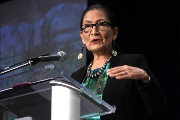 Interior Secretary Deb Haaland speaks at the Society of Environmental Journalists conference in Boise, Idaho, on Friday, April 21, 2023. (AP Photo/Brittany Peterson)