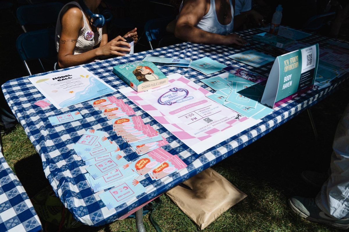 Columbia club, Body Haven, displays a spread of informational cards and flyers promoting their upcoming events at Convocation in Grant Park on Friday, Sep 1, 2023. Focusing on body positivity and liberation, the club is planning to host a Y2K photoshoot, collage night, and more.
