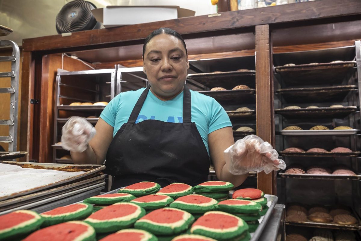 María Mujica, trabajadora de Panadería Nuevo León, coloca pasteles el lunes 18 de septiembre de 2023. Mujica ha trabajado en la panadería por más de tres años.
