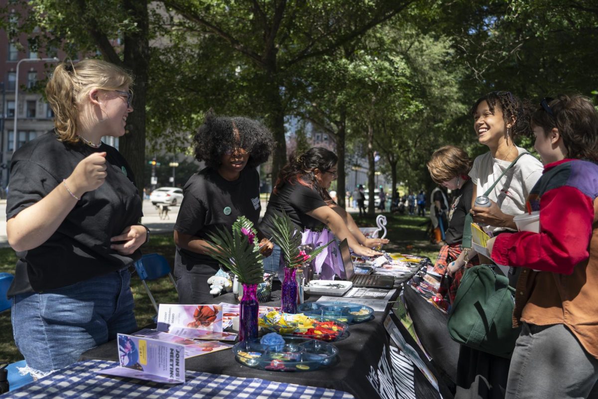 Third year music business major Hunter Meisel (left), Second year arts management major Jasara Goldsborough (middle), and second year film major Syvanah Torres speak to students about the Student Programming Board at Convocation on Friday, Sep. 1, 2023.