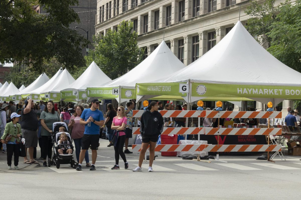 Crowds line Dearborn Street as the Printers Row Lit Fest returns for its 38th annual showcase on Sept. 10, 2023. The festival ran from 10 am–6 pm, Sept. 9 and 10, and offered indoor and outdoor programming throughout the weekend, as well as products from over 100 booksellers.