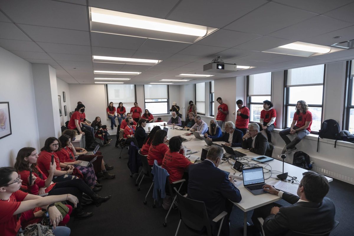 CFAC President Diana Vallera meets with Laurent Pernot, chief of staff, and other administrators of the college for a bargaining session at the 600 S. Michigan Ave. building on Thursday, Oct. 26, 2023.