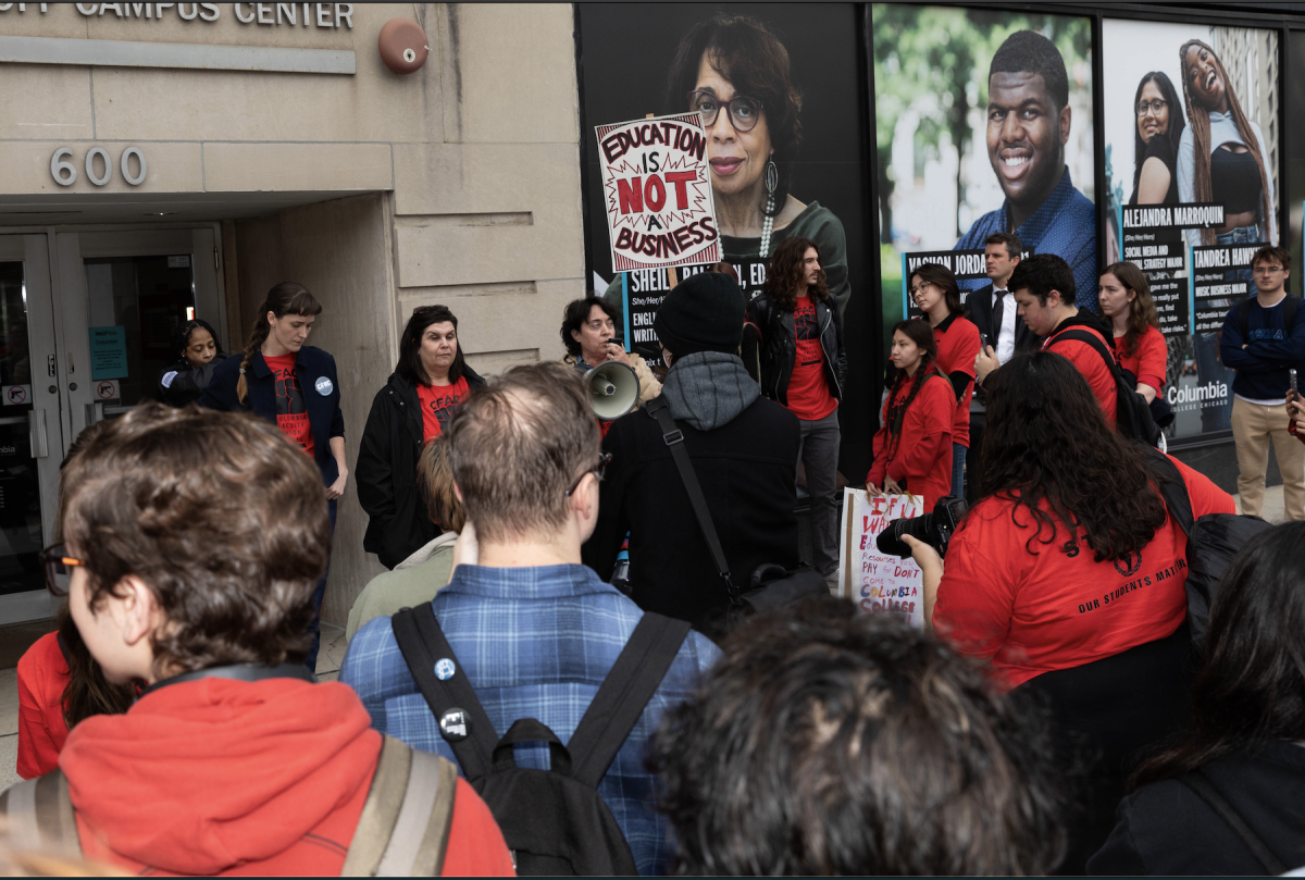 Part-time faculty union leadership stands in front of the 600 S. Michigan Ave. building on Oct. Thursday, 26, 2023, after a bargaining session with the college. After the multi-hour bargaining session, the union announced they intend to strike starting the following Monday. 