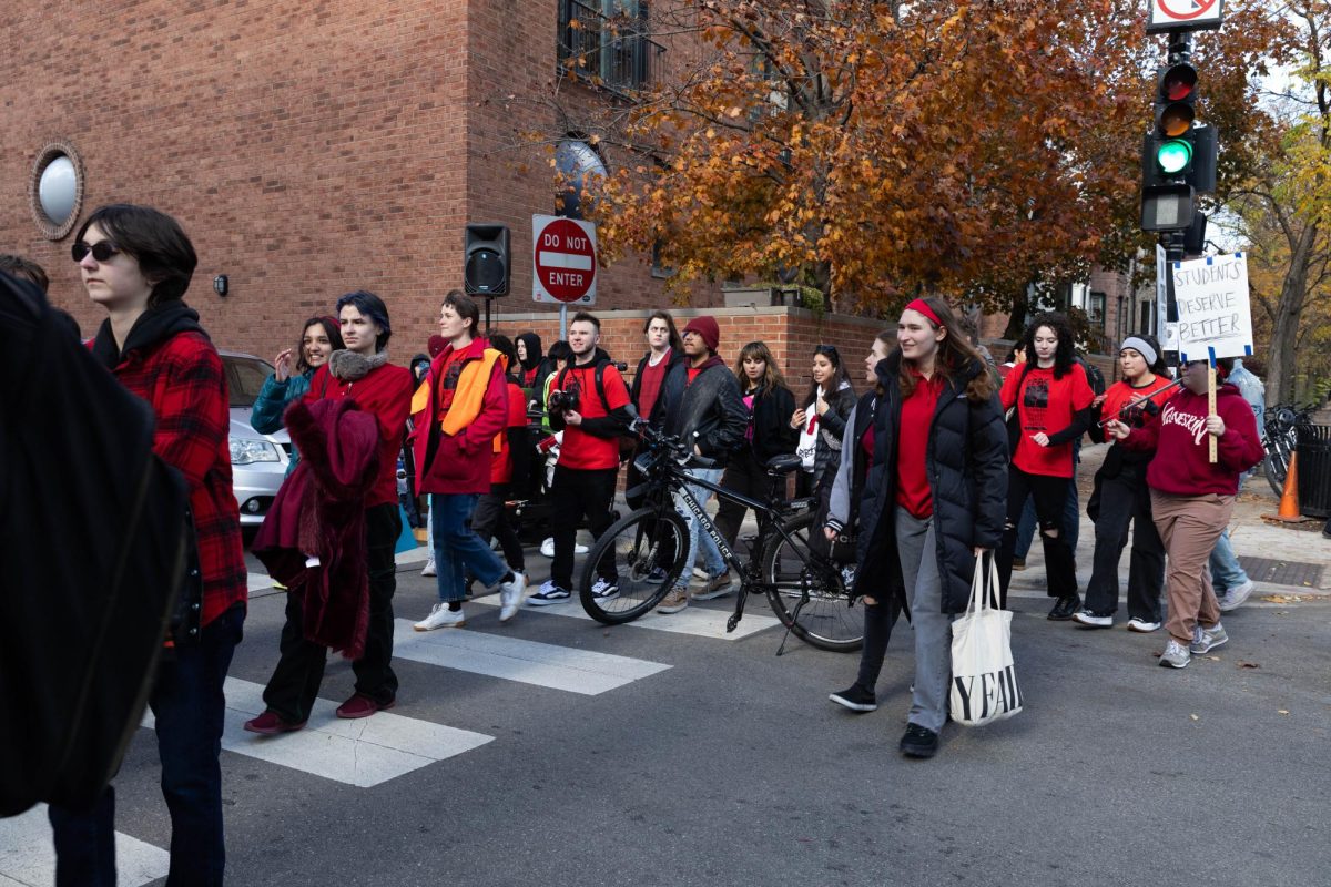 Protesters walk to Columbia President and CEO Kwang Wu Kims residence during a protest on Friday, Nov. 10, 2023