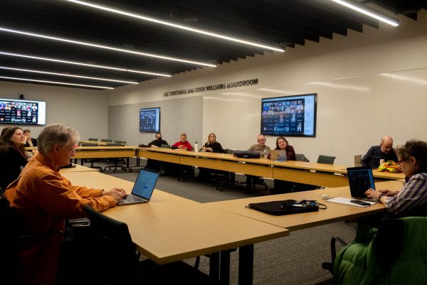 The Columbia College Chicago chapter of AAUP holds meeting on recent plans for the college, in Constance and Williams Boardroom, in Student Center, on Thursday, Feb. 15, 2024. The meeting was tense with talk of cuts that may include some faculty being fired.