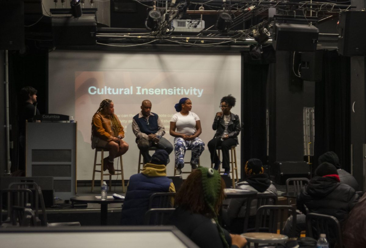 The Culture: Community Town Hall Mixer  taking place on Tuesday, Feb. 5, 2024 in HAUS located at 623 S. Wabash. Moderator IJa Wright asks the panel about being a person of color at Columbia College Chicago and how to ignite change and find community.