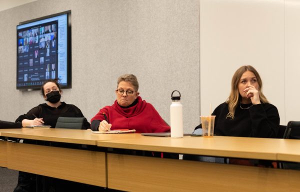 Assistant fashion studies professor, Jenny Du Puis, associate fashion studies professor, Dana Connell and assistant fashion studies professor Lauren Peters show visible focus and concern during AAUP meeting in Student Center boardroom on Thursday, Feb. 15, 2024.