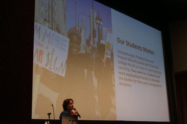 President of the Faculty Union Diana Vallera speaks at The Real Town Hall on Oct. 20, 2023. Various slides were used to inform students and faculty about issues affecting Columbia College Chicago.