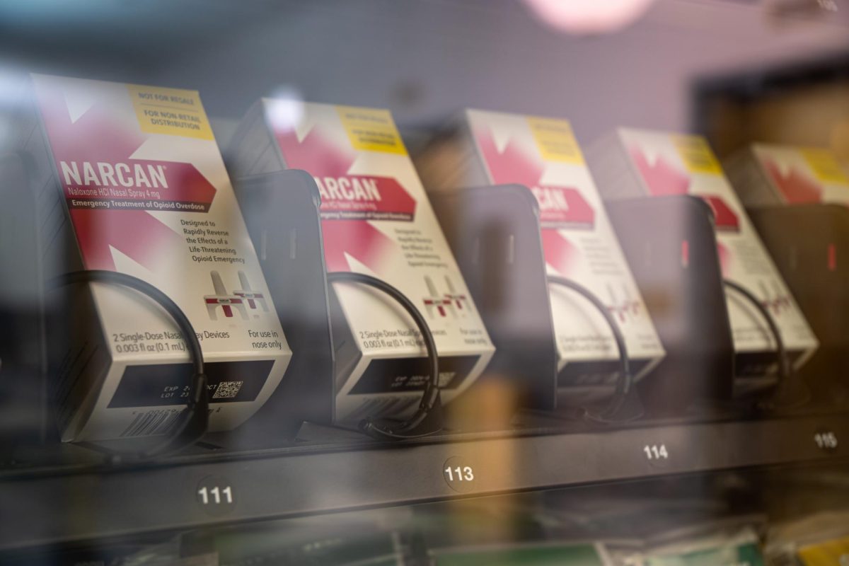 Nasal spray Narcan kits sit inside of one of many CPDH vending machines found throughout the city of Chicago on Sunday, May 19, 2024. Located in the Harold Washington Library, Narcan kits and other hygiene and medicinal products are available free of charge.