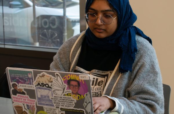 Sumana Syed, a senior film and television major works on school assignments to finish off her last semester before graduation on Thursday, April 25, 2024. Syed is the president of the Muslim Student Association at Columbia. 