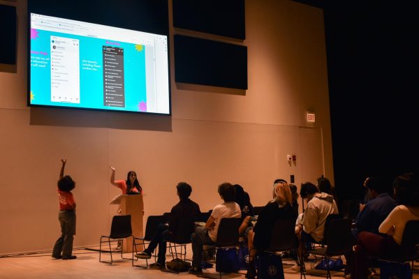 Two Engage Leaders of Columbia introduce a workshop with information regarding the engage app on Tuesday, July 16, 2024. Orientation for new students began on Monday, July 15, 2024, on the fifth floor of the student center.