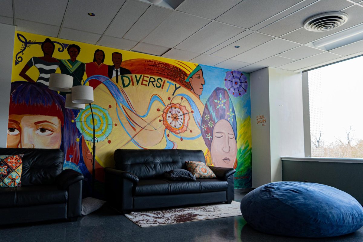 A mural painted on the wall on the fourth floor in the Student Diversity and Inclusion common area in the 618 S. Michigan Ave. building on Thursday, April 13, 2023.