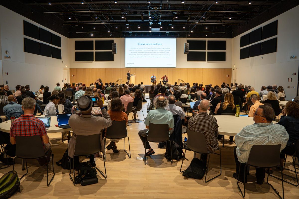 Faculty listen in on Provost Marcella David and interim President and CEO Jerry Tarrer speak at the collegewide faculty meeting in the Student Center on Friday, Aug. 16, 2024.