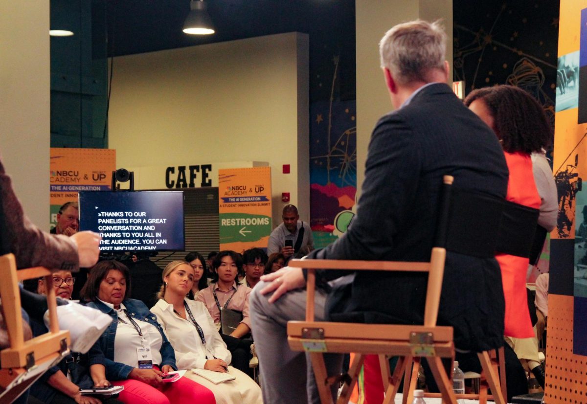 The audience listens in on a conversation about using artificial intelligence during the NBCU Student Summit event held in the Conway Center at 1104 S. Wabash Ave on Wednesday, Sept. 25, 2024.