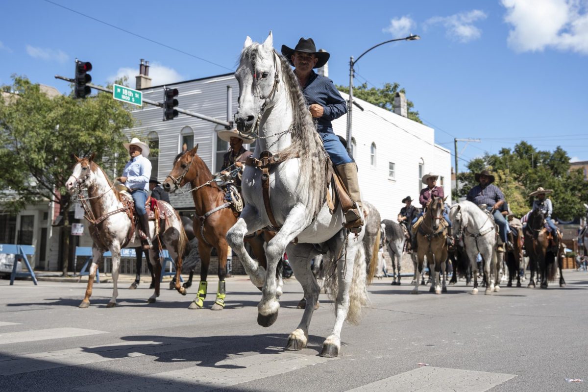 Men control dancing horses as they ride past cheering crowds during the 23rd annual Pilsen Mexican Independence Day Parade on Saturday, Sep. 7, 2024.