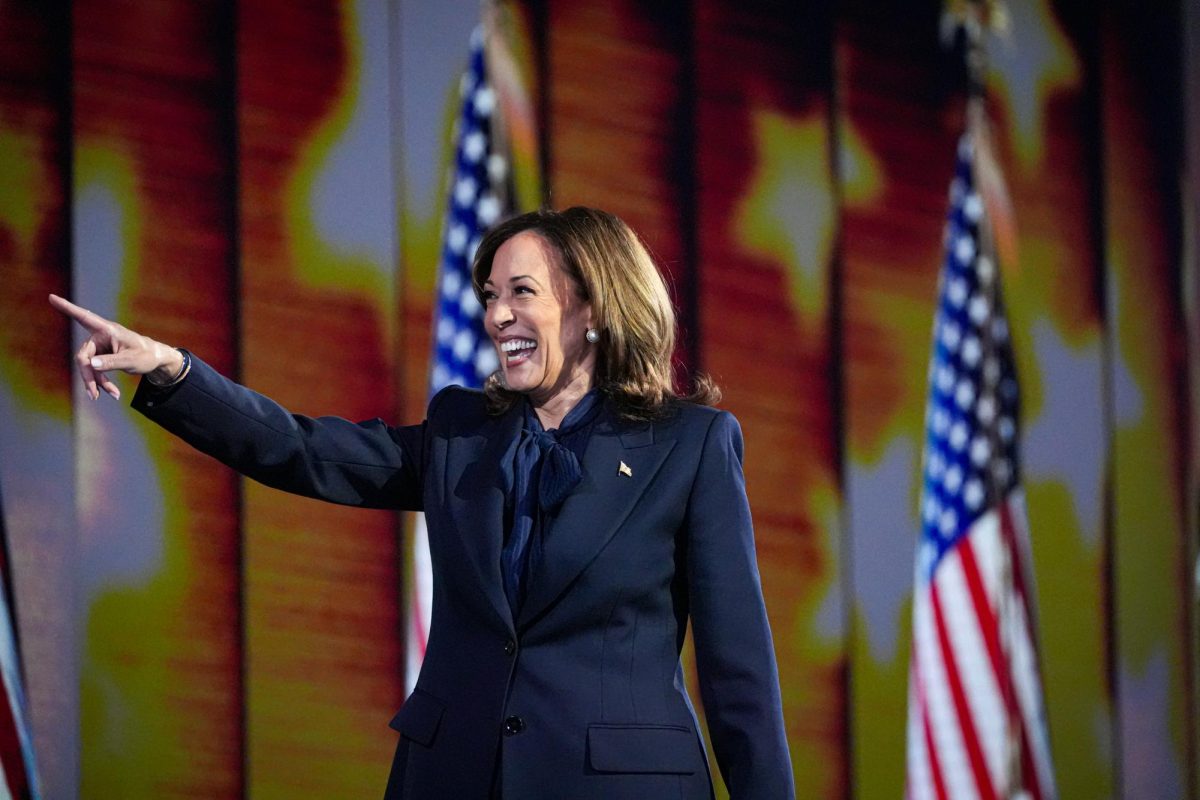 Democratic presidential candidate and Vice President Kamala Harris points to the crowd after giving her acceptance speech on the final night of the Democratic National Convention at the United Center in Chicago on Aug. 22, 2024.