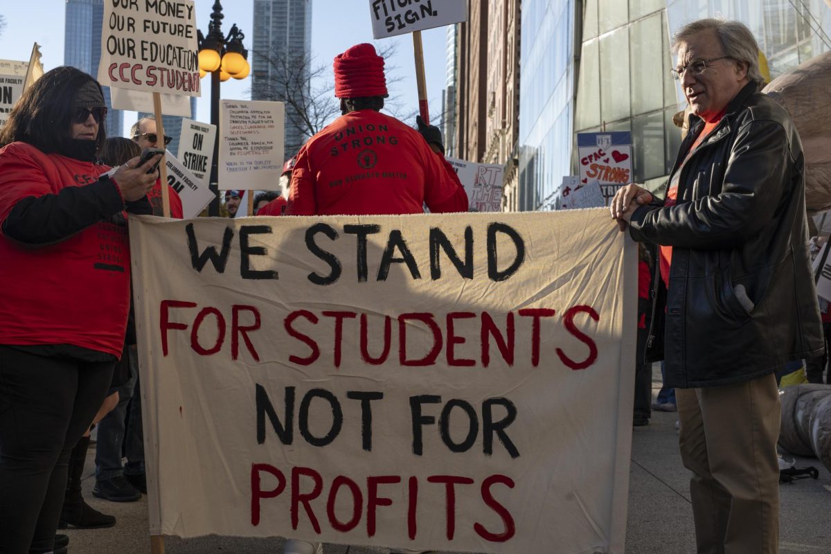 Part-time faculty and students gather in front of the 600 S Michigan building to begin their strike on Monday, Oct. 30, 2023. 