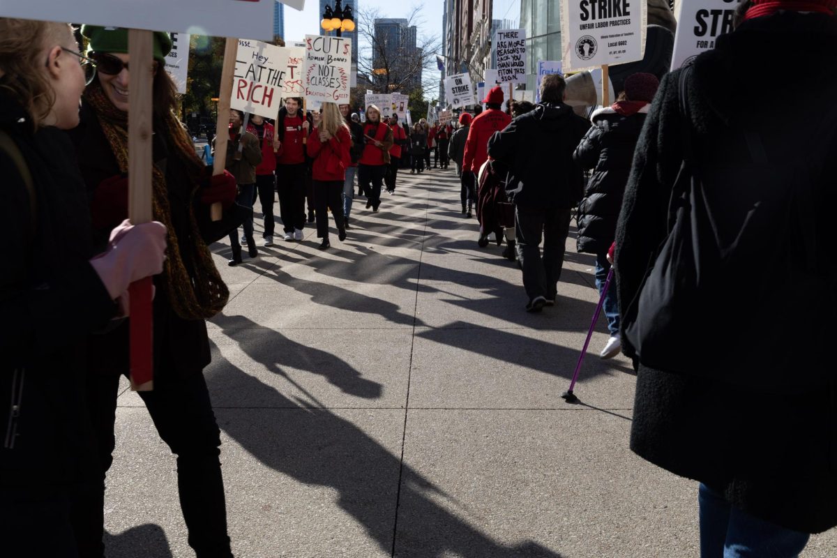  Students and part-time faculty join the picket line on Monday, Oct. 30, 2023, in support of Columbia Faculty Union fighting for fair labor practices outside of 600 S. Michigan Ave.