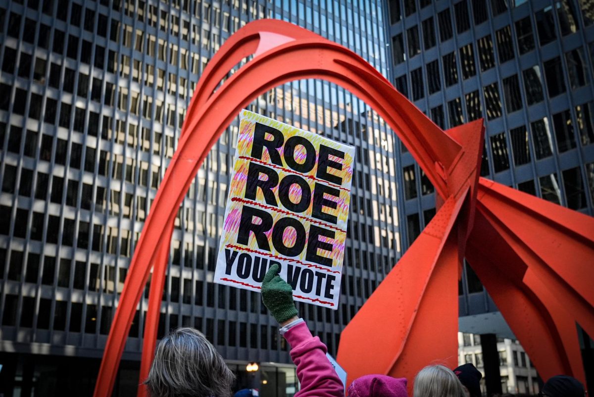 A participant attending the Chicago Women's March holds up a sign at the Chicago Federal Plaza on Saturday, Nov. 2, 2024. The Chicago Women’s March is a branch of the Women’s March organization that began in 2017. 