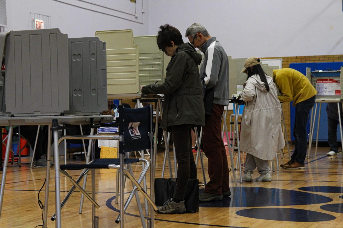 A group of people cast their votes inside the Locke School Elementary gymnasium polling place at 2845 N. Newcastle Ave. on Tuesday, Nov. 5, 2024.