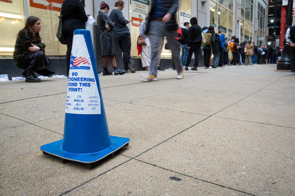 A line forms outside of the Chicago polling supersite on election day at 191 N. Clark St. on Tuesday, Nov. 5, 2024.