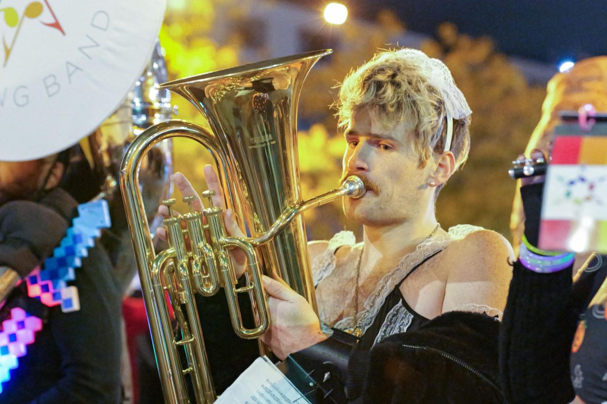 Lakeside Pride band member playing a sousaphone in the Halsted Halloween Parade in Wrigleyville on Thursday, Oct. 31, 2024. 