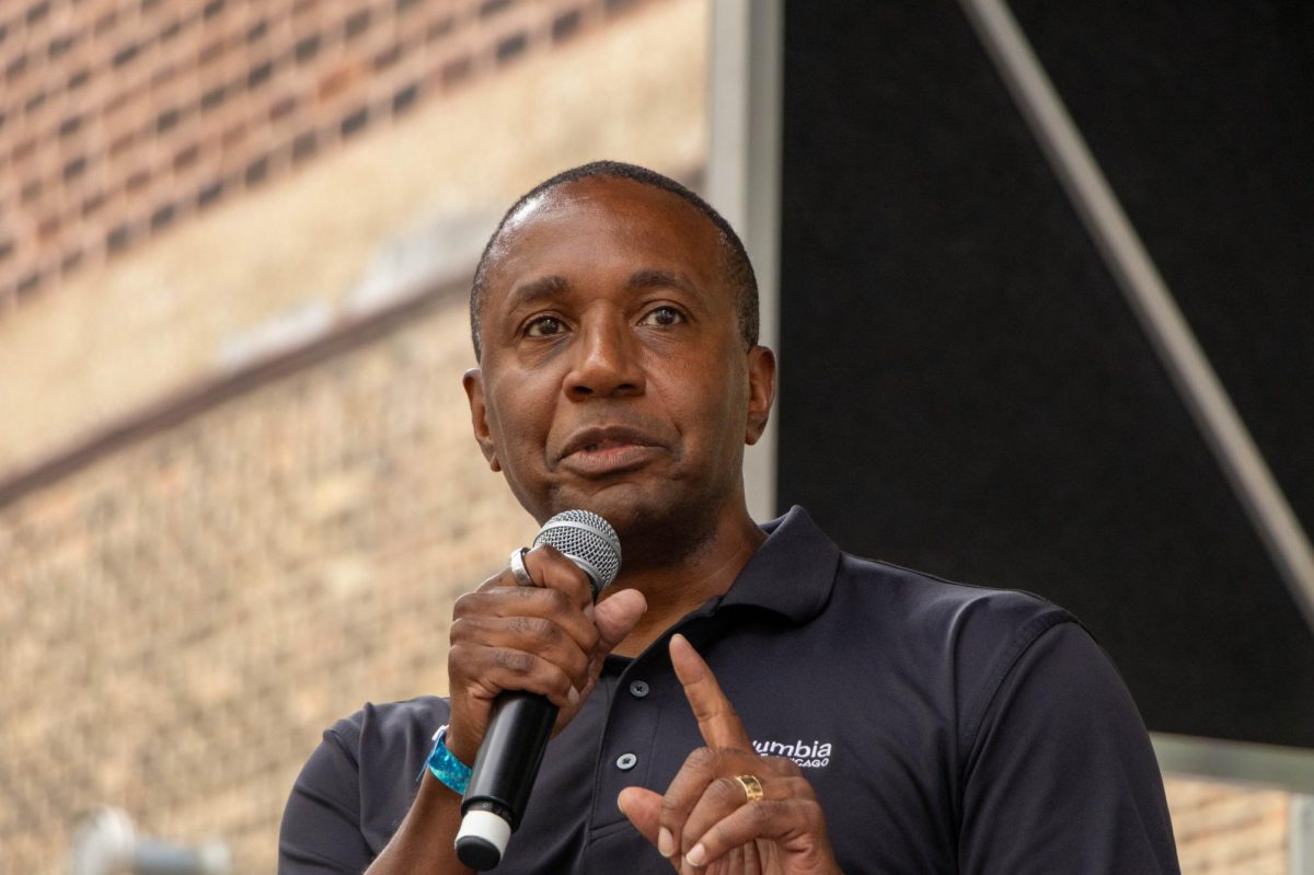 Interim President and CEO Jerry Tarrer giving speech in front of current students, incoming students and staff at the stage in the Student Center parking lot on Friday, Aug. 30, 2024.