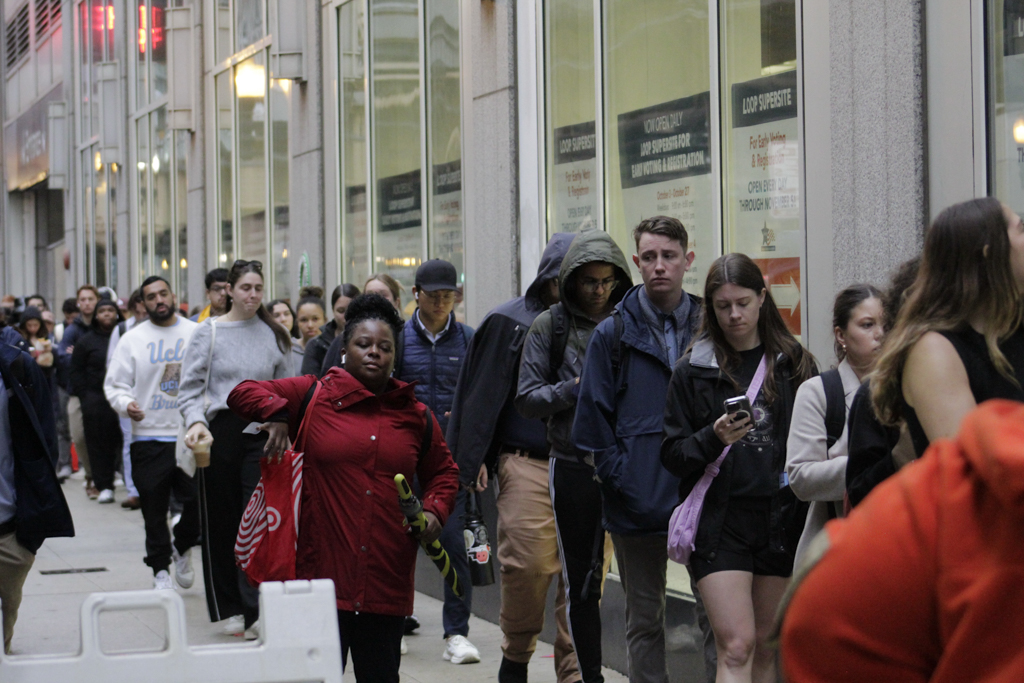 Voters line up at the Supersite location at 191 N. Clark St. on Tuesday, Nov. 5, 2024. 