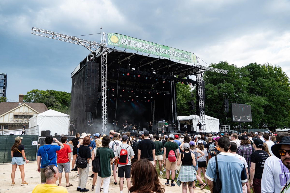 Dark clouds roll into Union Park during Chicago band Deeper’s set, causing delays to Pitchfork Music Festival on Saturday, July 22, 2023. Day two of Pitchfork, Deeper is the first band to start off the day of music festivities.