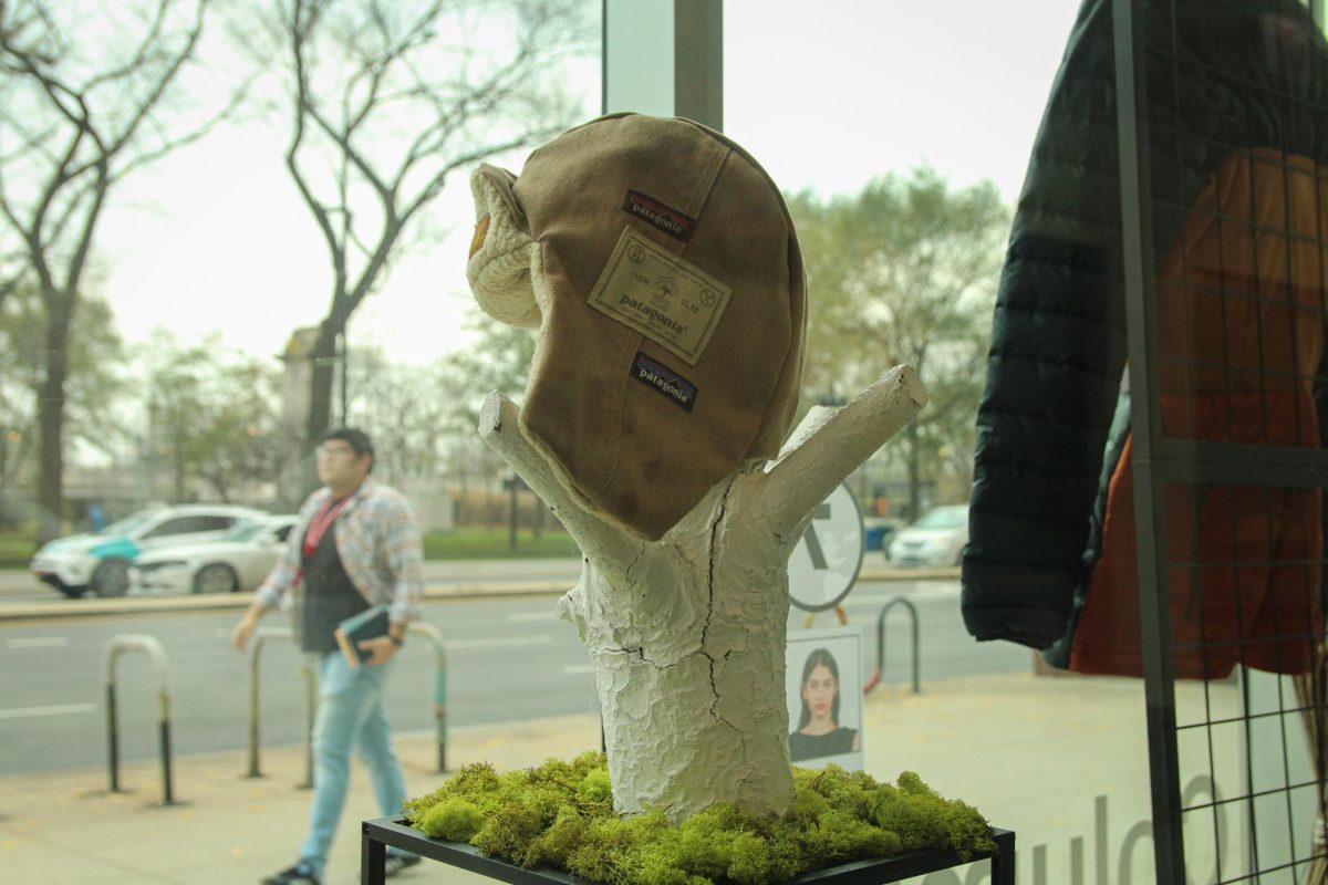 A Patagonia hat designed by fashion studies major Eileen Vivoda, who won third place in the Patagonia Worn Wear Design Competition, on display at the 600 S. Michigan Ave building on Monday, Nov. 25, 2024.