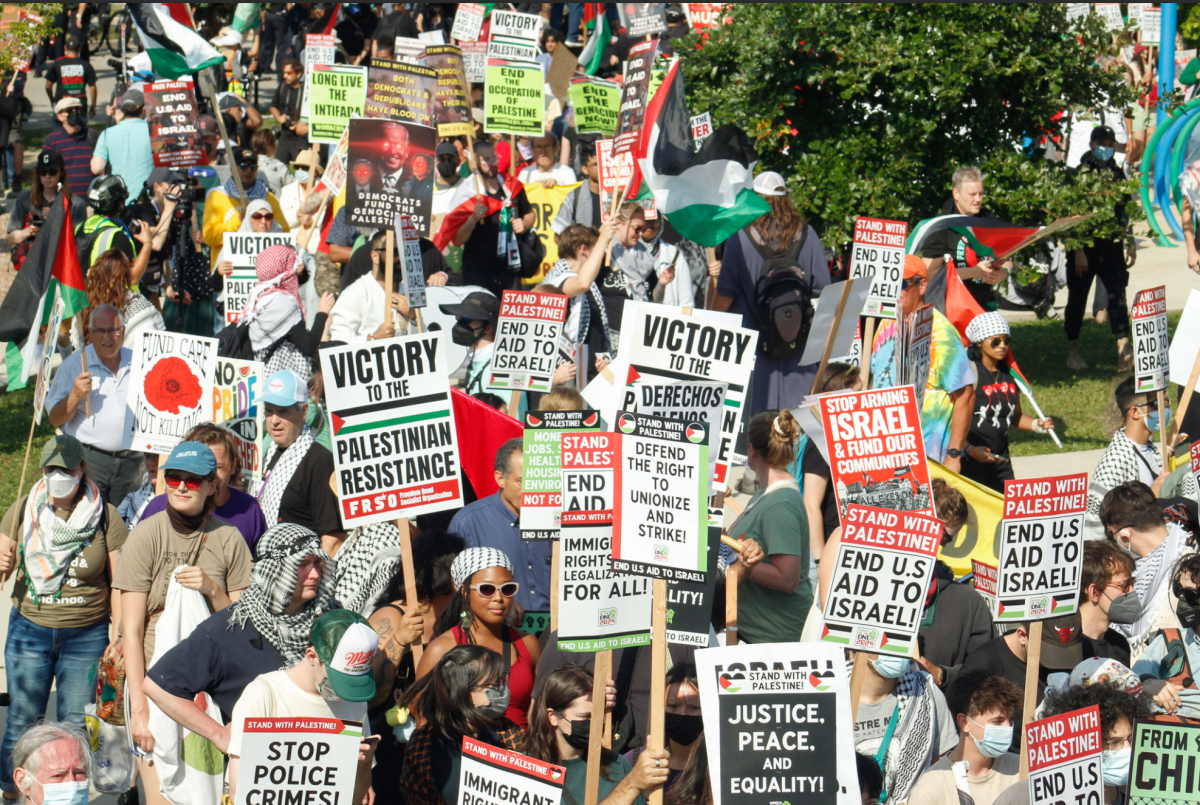 The "March on the DNC" protest on August 19, 2024 ended half a mile from the United Center in Park 578. Protesters gathered throughout the entire park and joined in chants.